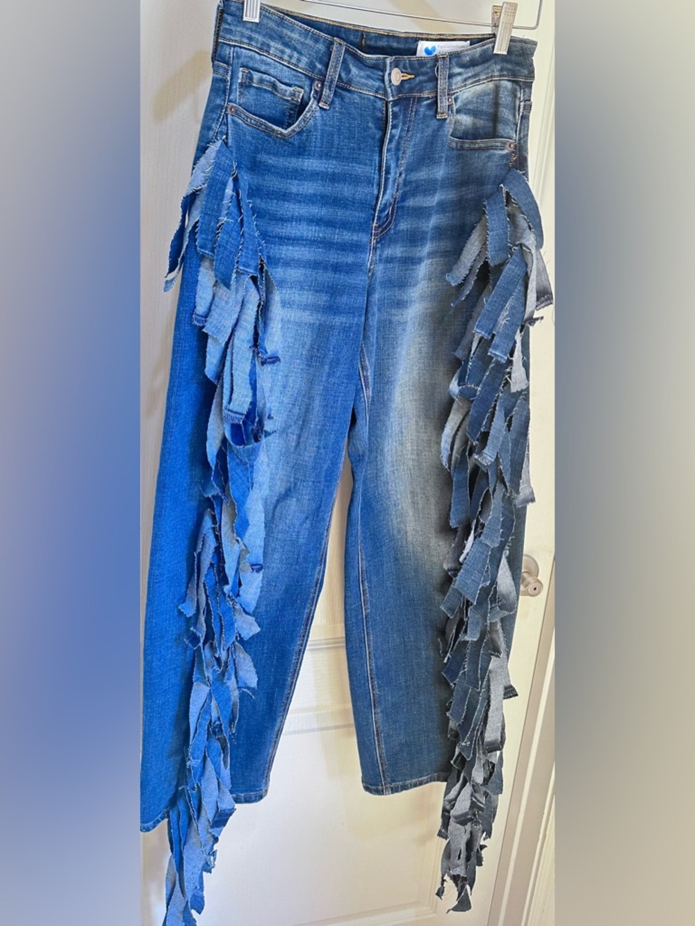 Upcycled High-Rise Blue fringe Ruffle-Trim barrel Jeans size S - Picture 5 of 7